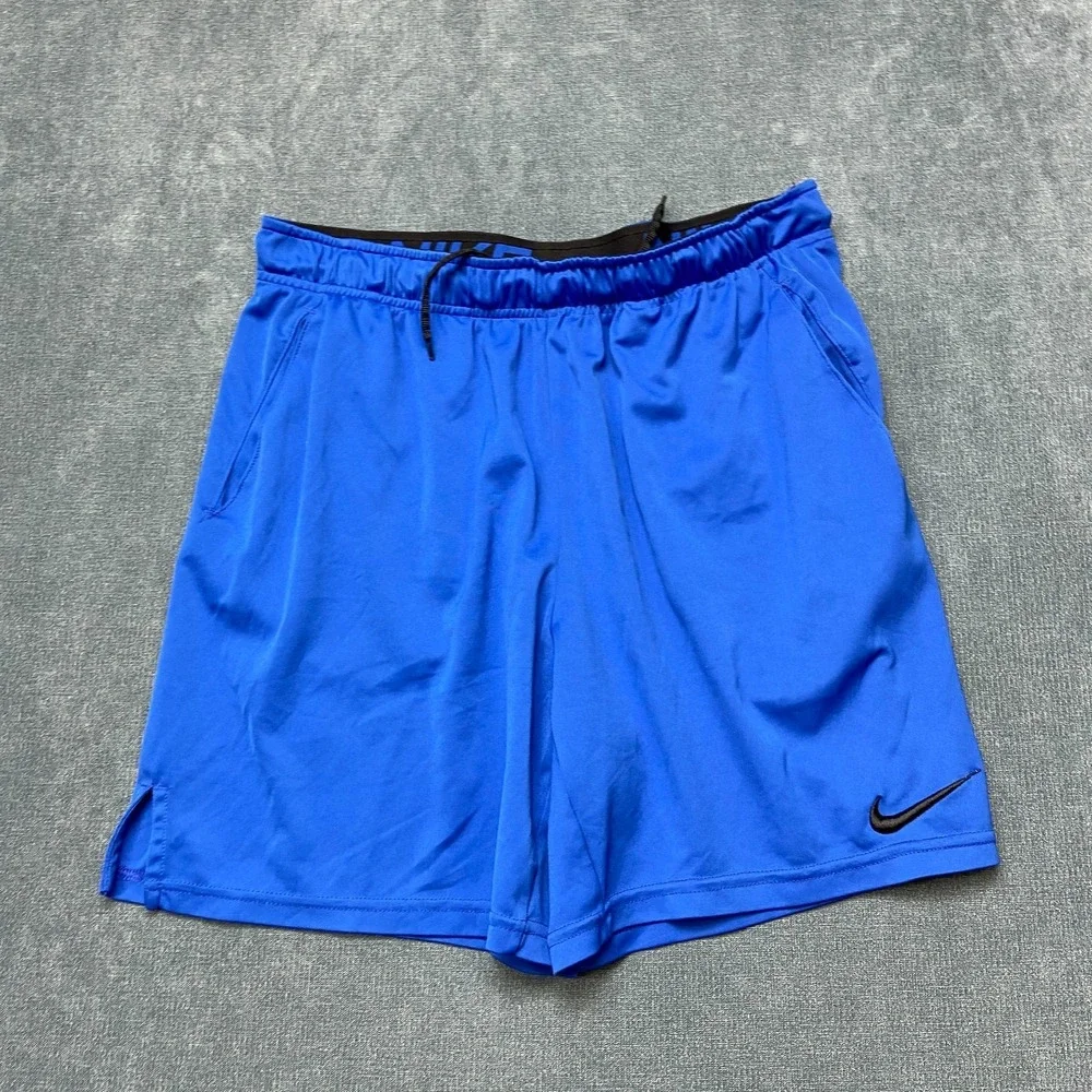 Nike Dri Fit Running Shorts Mens Large Royal Blue Swoosh Logo Drawstring Waist
